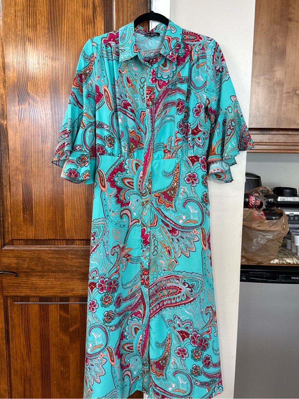 Turquoise Paisley Maxi Shirt Dress with Ruffle Sleeves